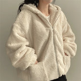 GETADME Loose Zipper Hooded Jacket 2025 Women Thicken Korean Version Plush Thickened Lamb Wool Cotton Middle Length Coat Winter