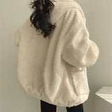 GETADME Loose Zipper Hooded Jacket 2025 Women Thicken Korean Version Plush Thickened Lamb Wool Cotton Middle Length Coat Winter