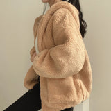 GETADME Loose Zipper Hooded Jacket 2025 Women Thicken Korean Version Plush Thickened Lamb Wool Cotton Middle Length Coat Winter