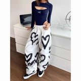 Getadme  Love Graffiti Wide Leg Pants Women Y2K Elastic High Waist Streetwear Loose Drawstring Jogging Trousers Korean Casual Sweatpants