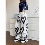 Getadme  Love Graffiti Wide Leg Pants Women Y2K Elastic High Waist Streetwear Loose Drawstring Jogging Trousers Korean Casual Sweatpants