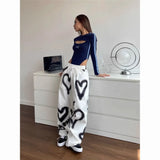 Getadme  Love Graffiti Wide Leg Pants Women Y2K Elastic High Waist Streetwear Loose Drawstring Jogging Trousers Korean Casual Sweatpants
