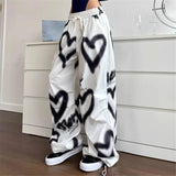 Getadme  Love Graffiti Wide Leg Pants Women Y2K Elastic High Waist Streetwear Loose Drawstring Jogging Trousers Korean Casual Sweatpants