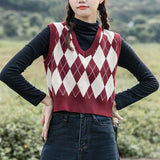 GETADME Lucyever Retro Argyle Pattern Women Vest Sweater Harajuku Preppy Style Sleeveless Sweaters Girl Autumn V-Neck Knitted Crop Tops