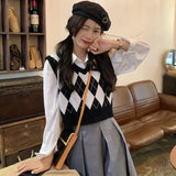 GETADME Lucyever Retro Argyle Pattern Women Vest Sweater Harajuku Preppy Style Sleeveless Sweaters Girl Autumn V-Neck Knitted Crop Tops