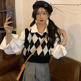 GETADME Lucyever Retro Argyle Pattern Women Vest Sweater Harajuku Preppy Style Sleeveless Sweaters Girl Autumn V-Neck Knitted Crop Tops