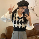 GETADME Lucyever Retro Argyle Pattern Women Vest Sweater Harajuku Preppy Style Sleeveless Sweaters Girl Autumn V-Neck Knitted Crop Tops
