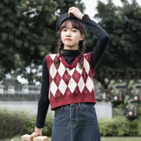 GETADME Lucyever Retro Argyle Pattern Women Vest Sweater Harajuku Preppy Style Sleeveless Sweaters Girl Autumn V-Neck Knitted Crop Tops