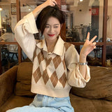 GETADME Lucyever Retro Argyle Pattern Women Vest Sweater Harajuku Preppy Style Sleeveless Sweaters Girl Autumn V-Neck Knitted Crop Tops