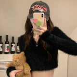 GETADME Lucyever Soft Short Knitted Cardigan Women Korean Zipper Faux Mink Cashmere Sweaters Ladies Fall Winter Long Sleeve Y2K Crop Top