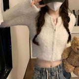 GETADME Lucyever Soft Short Knitted Cardigan Women Korean Zipper Faux Mink Cashmere Sweaters Ladies Fall Winter Long Sleeve Y2K Crop Top