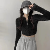 GETADME Lucyever Soft Short Knitted Cardigan Women Korean Zipper Faux Mink Cashmere Sweaters Ladies Fall Winter Long Sleeve Y2K Crop Top