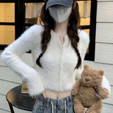 GETADME Lucyever Soft Short Knitted Cardigan Women Korean Zipper Faux Mink Cashmere Sweaters Ladies Fall Winter Long Sleeve Y2K Crop Top