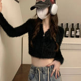 GETADME Lucyever Soft Short Knitted Cardigan Women Korean Zipper Faux Mink Cashmere Sweaters Ladies Fall Winter Long Sleeve Y2K Crop Top