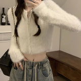 GETADME Lucyever Soft Short Knitted Cardigan Women Korean Zipper Faux Mink Cashmere Sweaters Ladies Fall Winter Long Sleeve Y2K Crop Top