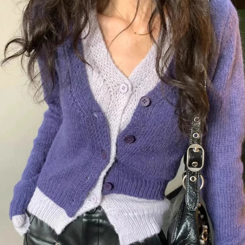 GETADME Lucyever Y2K Fake Two Pieces Knitted Cardigan Woman Contrast Color Patchwork V-Neck Sweater Women Vintage Streetwear Knitwear