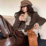 GETADME Lucyever Y2K Fake Two Pieces Knitted Cardigan Woman Contrast Color Patchwork V-Neck Sweater Women Vintage Streetwear Knitwear