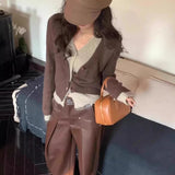 GETADME Lucyever Y2K Fake Two Pieces Knitted Cardigan Woman Contrast Color Patchwork V-Neck Sweater Women Vintage Streetwear Knitwear