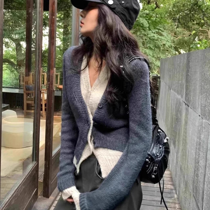 GETADME Lucyever Y2K Fake Two Pieces Knitted Cardigan Woman Contrast Color Patchwork V-Neck Sweater Women Vintage Streetwear Knitwear