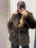 GETADME Luxury Faux Fur Women Coat Vintage Solid Full Sleeve Lapel Belt Female Jacket 2025 Winter Street Fashion Thicken Lady Outwear