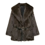 GETADME Luxury Faux Fur Women Coat Vintage Solid Full Sleeve Lapel Belt Female Jacket 2025 Winter Street Fashion Thicken Lady Outwear