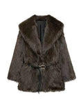 GETADME Luxury Faux Fur Women Coat Vintage Solid Full Sleeve Lapel Belt Female Jacket 2025 Winter Street Fashion Thicken Lady Outwear