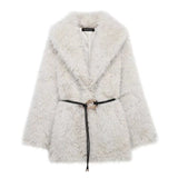 GETADME Luxury Faux Fur Women Coat Vintage Solid Full Sleeve Lapel Belt Female Jacket 2025 Winter Street Fashion Thicken Lady Outwear