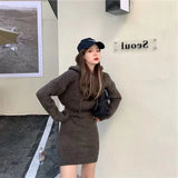 GETADME MEXZT Streetwear Knitted Mini Dress Women Hooded Sweater A Line Dresses Winter Korean Solid High Waist Slim Casual Vestidos New