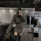GETADME MEXZT Streetwear Knitted Mini Dress Women Hooded Sweater A Line Dresses Winter Korean Solid High Waist Slim Casual Vestidos New