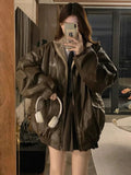 GETADME Maillard Fashion PU Leather Jacket With Lambswool Coat Both Sides Female Y2K Winter New Velvet Locomotive Cotton-padded Jacket