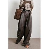 Pantalon GETADME Maillard rétro marron plissé en similicuir pour femme, nouveauté automne-hiver, taille haute, jambes larges, coupe ample tendance.