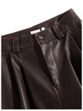 Pantalon GETADME Maillard rétro marron plissé en similicuir pour femme, nouveauté automne-hiver, taille haute, jambes larges, coupe ample tendance.