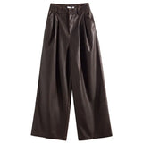 Pantalon GETADME Maillard rétro marron plissé en similicuir pour femme, nouveauté automne-hiver, taille haute, jambes larges, coupe ample tendance.