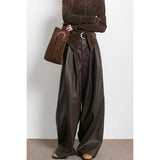 Pantalon GETADME Maillard rétro marron plissé en similicuir pour femme, nouveauté automne-hiver, taille haute, jambes larges, coupe ample tendance.