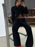 GETADME Marthaqiqi Fashion Female Nightgown Set Long Sleeve Pajamas Turn-Down Collar Sleepwear Crop Top Nightie Pants Women Pyjamas Suit