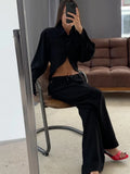 GETADME Marthaqiqi Fashion Female Nightgown Set Long Sleeve Pajamas Turn-Down Collar Sleepwear Crop Top Nightie Pants Women Pyjamas Suit