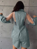 GETADME Marthaqiqi Green Female Sleepwear Set Sexy Turn-Down Collar Pajamas Long Sleeve Nightgowns Shorts Casual Women'S Nightwear Suit