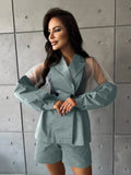 GETADME Marthaqiqi Green Female Sleepwear Set Sexy Turn-Down Collar Pajamas Long Sleeve Nightgowns Shorts Casual Women'S Nightwear Suit