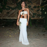 GETADME 메탈 스트랩리스 비키니 홀터 탑 스플릿 스커트 투피스 세트 여성 수영복 수영복 넥 걸이형 휴가용 비치 메시 드레스