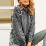 GETADME Mia Muse Women's Sweater Winter Elegant Simple Plain Beading Long Sleeve Stand Collar Casual Sweater
