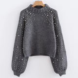 GETADME Mia Muse Women's Sweater Winter Elegant Simple Plain Beading Long Sleeve Stand Collar Casual Sweater