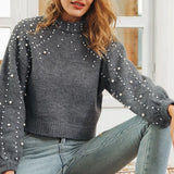 GETADME Mia Muse Women's Sweater Winter Elegant Simple Plain Beading Long Sleeve Stand Collar Casual Sweater