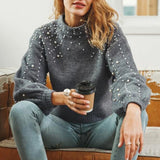 GETADME Mia Muse Women's Sweater Winter Elegant Simple Plain Beading Long Sleeve Stand Collar Casual Sweater