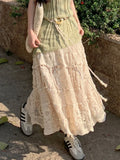 GETADME Mid Long Skirt Women Knitted Skirt 2025 Goth Lolita Spring Summer High Waisted Holllow Out Crochet Floral Pleated Skirts rok