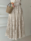 GETADME Mid Long Skirt Women Knitted Skirt 2025 Goth Lolita Spring Summer High Waisted Holllow Out Crochet Floral Pleated Skirts rok
