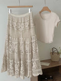 GETADME Mid Long Skirt Women Knitted Skirt 2025 Goth Lolita Spring Summer High Waisted Holllow Out Crochet Floral Pleated Skirts rok