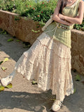GETADME Mid Long Skirt Women Knitted Skirt 2025 Goth Lolita Spring Summer High Waisted Holllow Out Crochet Floral Pleated Skirts rok