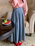 GETADME Midi Long Skirts Women Spring Autumn Japan Style Lolita High Waist Jean Skirt Ladies A-Line Ruffle Pleated Denim Skirt