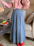 GETADME Midi Long Skirts Women Spring Autumn Japan Style Lolita High Waist Jean Skirt Ladies A-Line Ruffle Pleated Denim Skirt