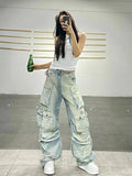 Getadme Two New Heavy Industry Multi-Pocket Washed Cargo Pants Women Y2K Vintage High-Rise Loose Oversized Straight-Leg Jeans